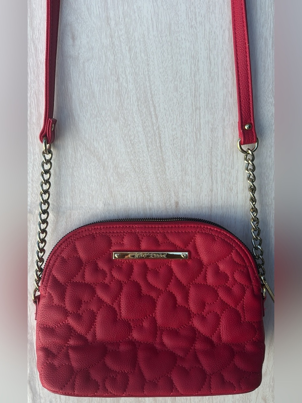 Betsey Johnson Red Quilted Heart Crossbody with Gold Chain